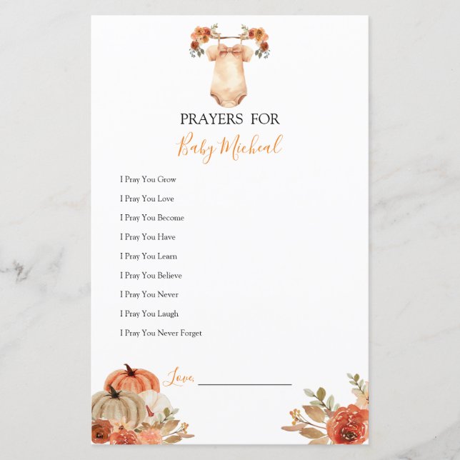 Herfst Pompoen Bloemen Babykleding Gebed voor Baby (Voorkant)