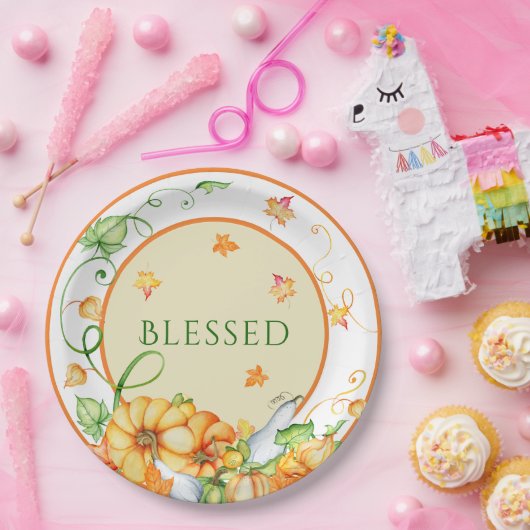 Herfst Pompoen Bloemen Gezegende Thanksgiving  Papieren Bordje (Feest)