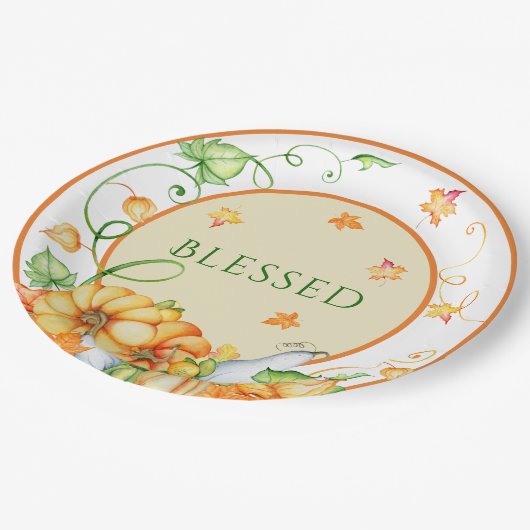 Herfst Pompoen Bloemen Gezegende Thanksgiving  Papieren Bordje (Gekanteld)