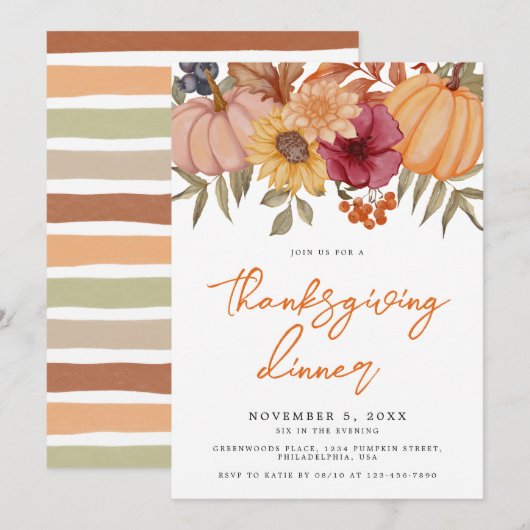 Herfst Pompoen Bloemen Thanksgiving Diner Kaart (Voorkant / Achterkant)