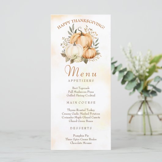 Herfst Pompoen Bloemen Thanksgiving Diner Menu (Staand voorkant)