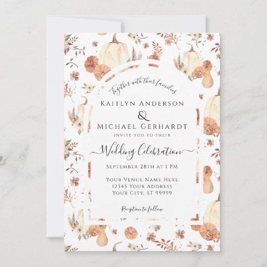 Herfst Pompoen Bloemen Waterverf Bladgroen Bruilof Kaart (Voorkant)