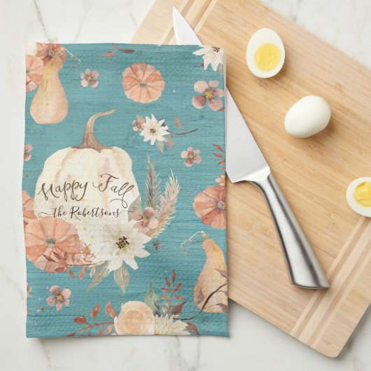 Herfst pompoen bloemenherfstgebladerte Blauwgroen Theedoek (Quarter Fold)
