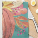 Herfst pompoen bloementerracotta sinaasappel blauw theedoek<br><div class="desc">Een schemerige blauwgroen achtergrond verfraaid met een terracotta oranje pompoen en bloeit in geel,  roze en loodrecht paarse.</div>