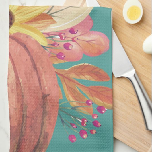 Herfst pompoen bloementerracotta sinaasappel blauw theedoek