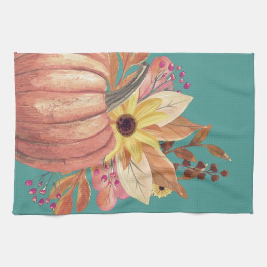 Herfst pompoen bloementerracotta sinaasappel blauw theedoek (Horizontaal)