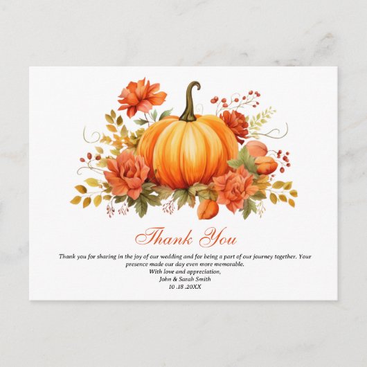 Herfst Pompoen Bloemige Bruiloft Dank je wel Briefkaart (Voorkant)