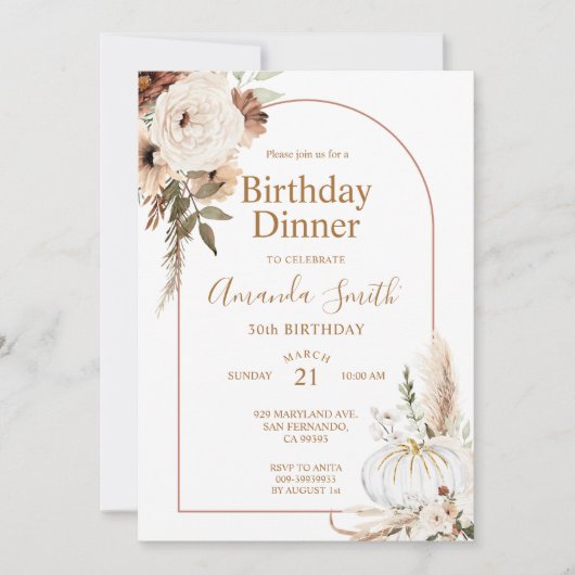 Herfst Pompoen Boho Boog Bloemige Verjaardag 30e D Kaart (Voorkant)