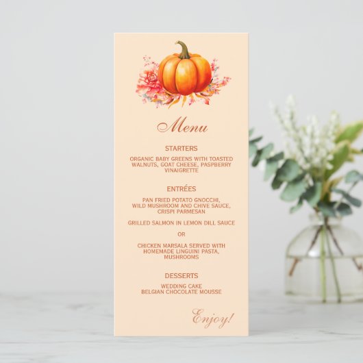 Herfst pompoen botanische bruiloft platte menu (Staand voorkant)