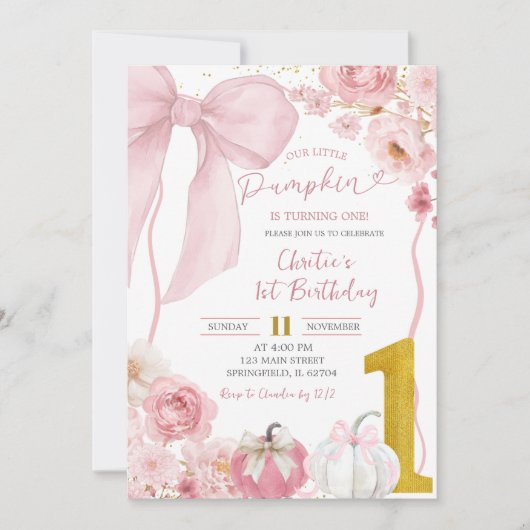 Herfst Pompoen Bow Roze Coquette Bloemen Verjaarda Kaart (Voorkant)