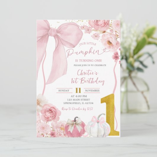 Herfst Pompoen Bow Roze Coquette Bloemen Verjaarda Kaart (Staand voorkant)