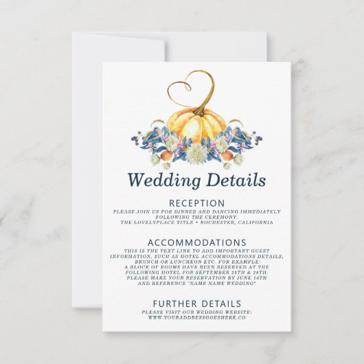 Herfst pompoen bruiloft details kaart (Voorkant)