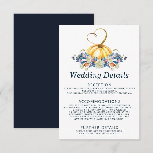 Herfst pompoen bruiloft details kaart (Voorkant / Achterkant)