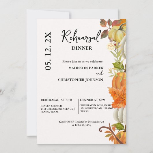 Herfst Pompoen Bruiloft repetitie diner Kaart (Voorkant)