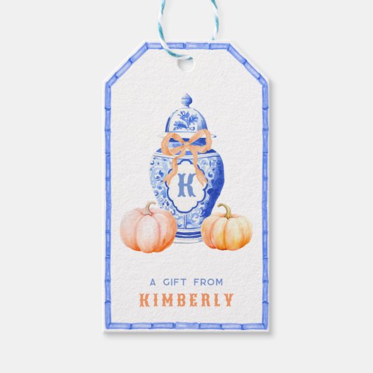 Herfst pompoen | Chinoiserie Ginger Jar Monogram Cadeaulabel (Voorkant)