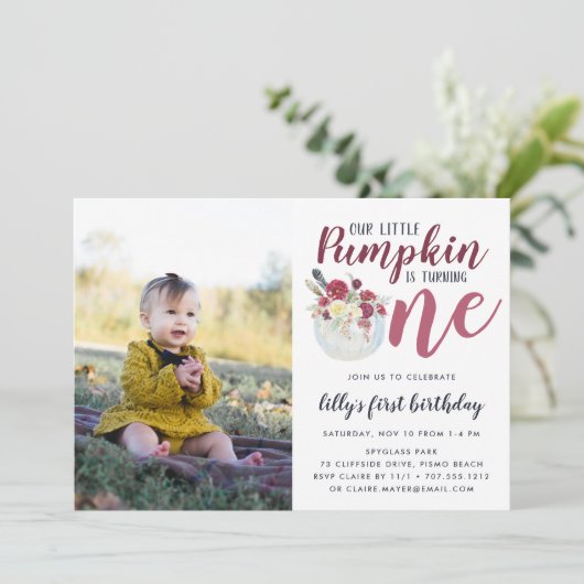 Herfst Pompoen Eerste Verjaardag Party Foto Kaart (Staand voorkant)