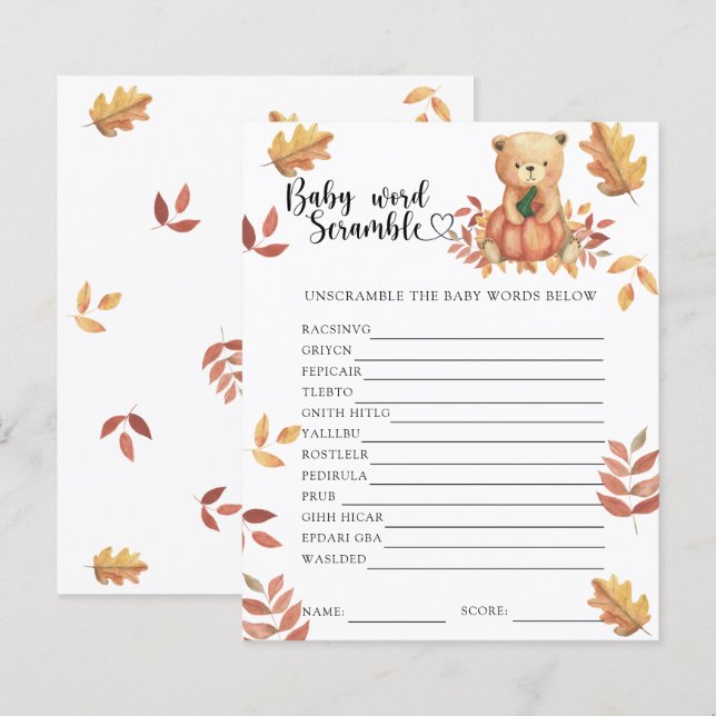 Herfst pompoen en beer - Baby Woord Ontknoopspel (Voorkant / Achterkant)