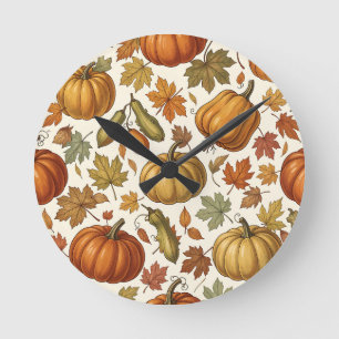 Herfst Pompoen en Blad Naadloos Patroon Ronde Klok