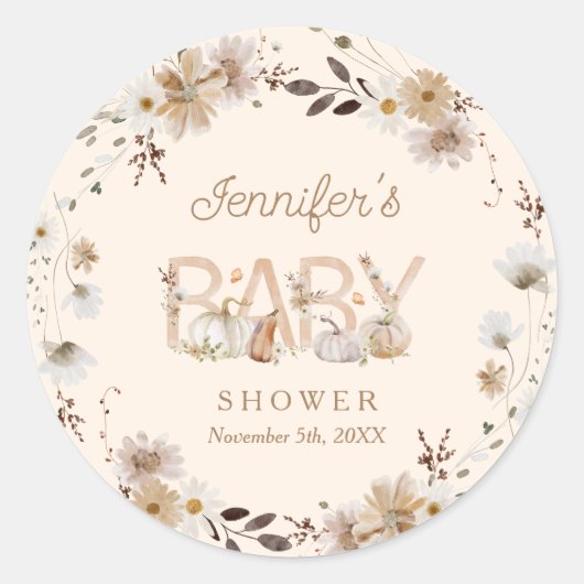 Herfst Pompoen en Bloemen Baby shower Ronde Sticker (Voorkant)