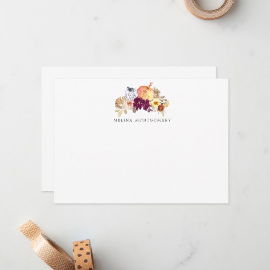 Herfst pompoen en bloemen, gepersonaliseerd notitiekaartje (Voorkant / Achterkant in situ)