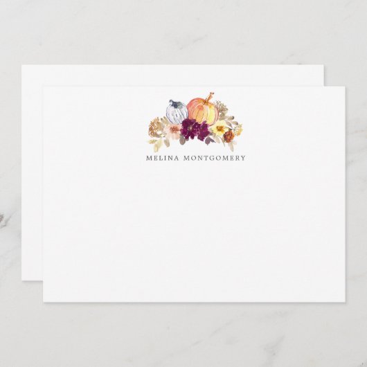 Herfst pompoen en bloemen, gepersonaliseerd notitiekaartje (Voorkant / Achterkant)