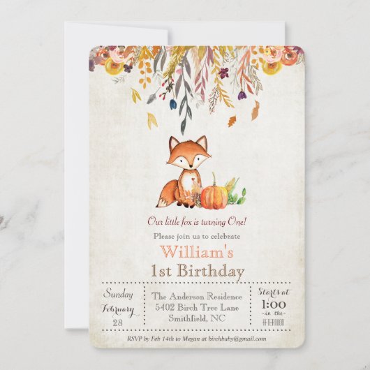 Herfst Pompoen en Fox 1e Verjaardagsuitnodiging Kaart (Voorkant)