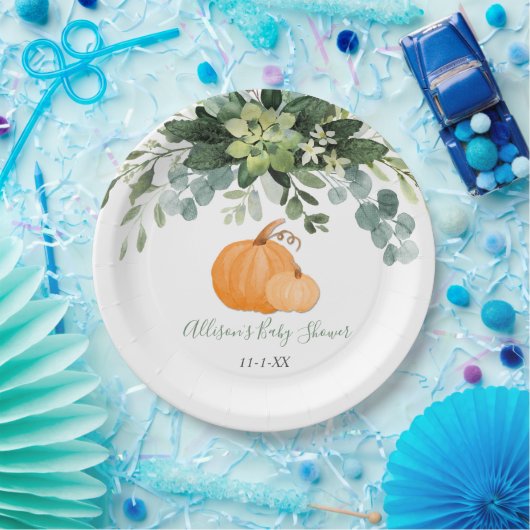 Herfst pompoen en groen eucalyptus baby shower papieren bordje (Feest)