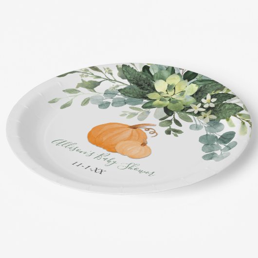 Herfst pompoen en groen eucalyptus baby shower papieren bordje (Gekanteld)