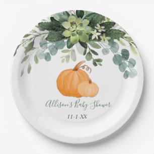 Herfst pompoen en groene eucalyptusbaby shower papieren bordje