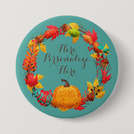 Herfst pompoen en herfstbladeren krans ronde button 7,6 cm