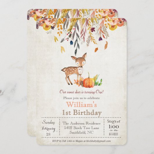 Herfst Pompoen en Herten 1e Verjaardagsuitnodiging Kaart (Voorkant / Achterkant)
