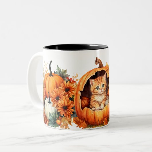 Herfst Pompoen en Kitten Tweekleurige Koffiemok (Voorkant links)