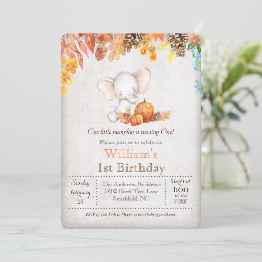 Herfst Pompoen en Olifant 1e Verjaardagsuitnodigin Kaart (Staand voorkant)