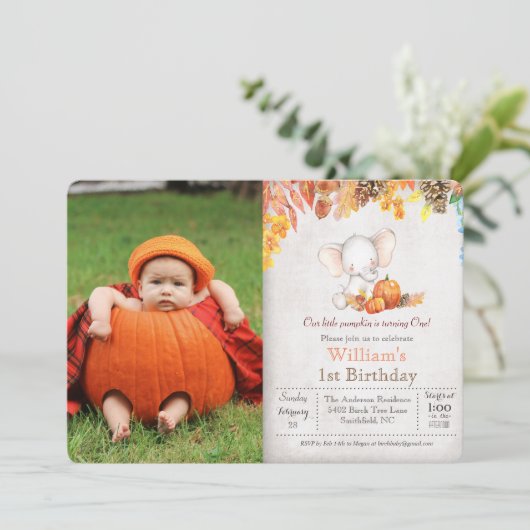 Herfst Pompoen en Olifant 1e Verjaardagsuitnodigin Kaart (Staand voorkant)