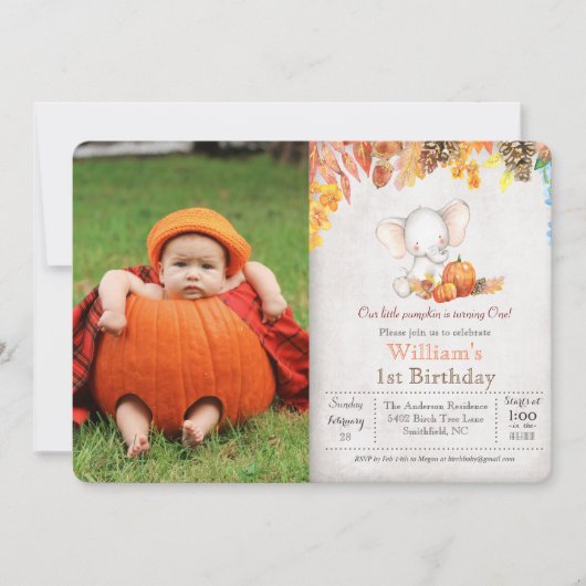 Herfst Pompoen en Olifant 1e Verjaardagsuitnodigin Kaart (Voorkant)