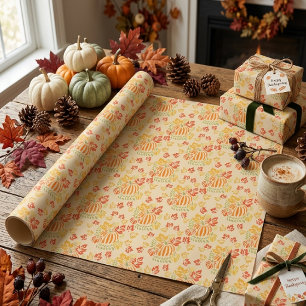 Herfst Pompoen En Vallende Bladeren Naadloos Patro Cadeaupapier