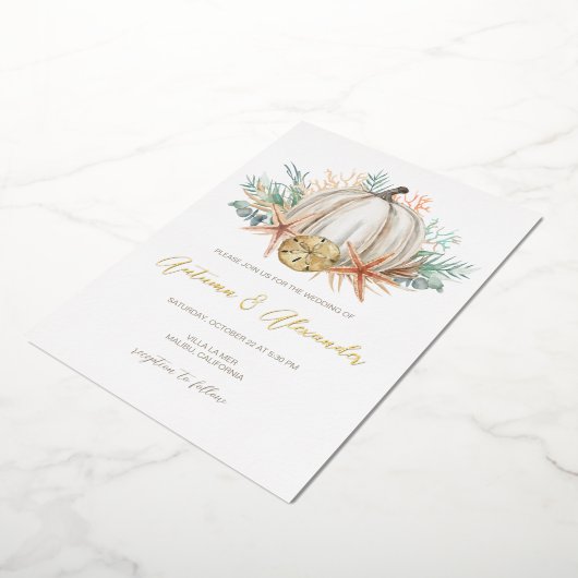 Herfst pompoen en zeeluiken rond kustlijn folie uitnodiging (Gedraaid)