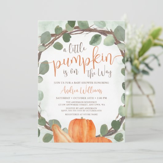 Herfst Pompoen Eucalyptus Krans Baby Shower Kaart (Staand voorkant)