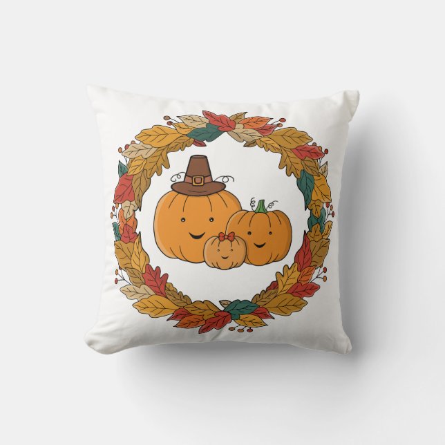 Herfst Pompoen Familie Krans Kussen (Voorkant)