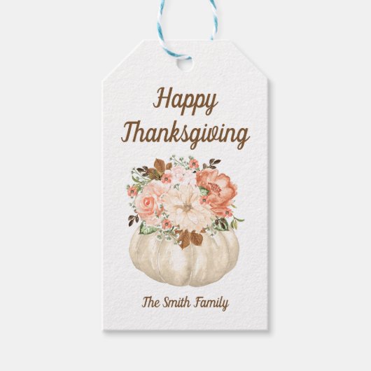 Herfst Pompoen Floral Happy Thanksgiving Gift Labe Cadeaulabel (Voorkant)