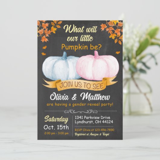 Herfst pompoen Geslacht onthullen uitnodiging hij (Staand voorkant)