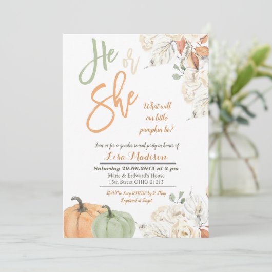 Herfst pompoen geslacht onthulling kaart uitnodigi (Staand voorkant)