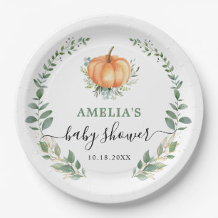Herfst pompoen groen gouden bladeren Baby shower Papieren Bordje