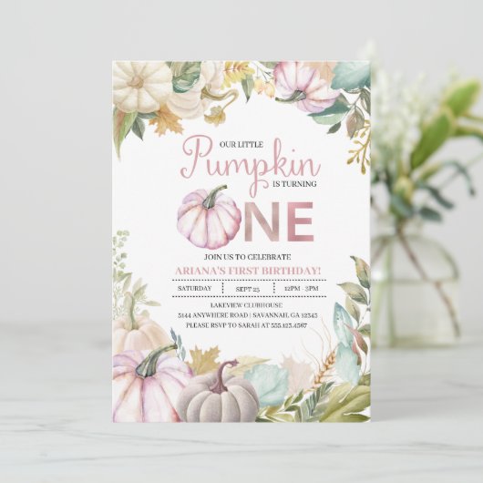 Herfst Pompoen Herfst Eerste Verjaardag Uitnodigin Kaart (Staand voorkant)