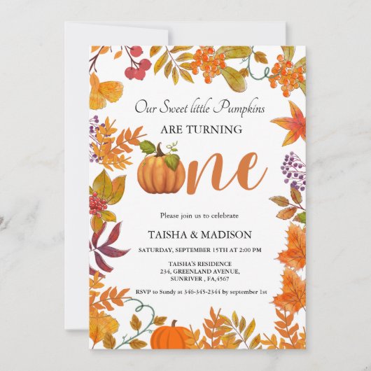 Herfst pompoen herfst Twins eerste verjaardagsfees Kaart (Voorkant)