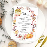 Herfst Pompoen Herfst Vrijgezellenfeest Menu voor  Kaart<br><div class="desc">Mooie herfstbladeren krans, waterverf pompoen herfst-thema vrijgezellenfeest menu voor bord. Gemakkelijk te personaliseren met uw gegevens. Neem contact met me op via chat als je vragen hebt over het kunstwerk of aanpassing nodig hebt. LET OP: Voor hulp bij bestellingen, verzending, productinformatie, enz., Neem rechtstreeks contact op met Zazzle Customer Care....</div>