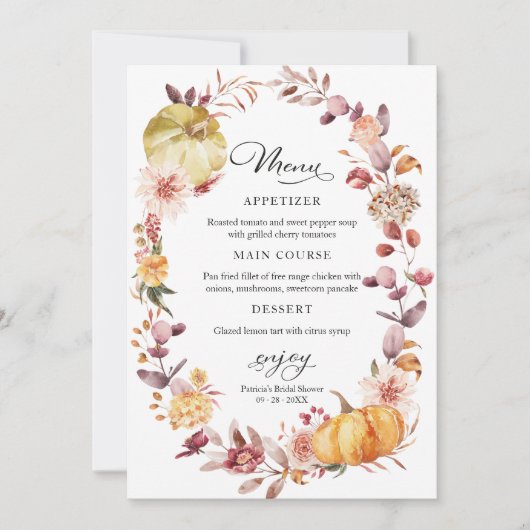 Herfst Pompoen Herfst Vrijgezellenfeest Menu voor  Kaart (Voorkant)