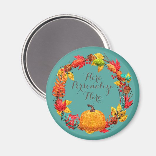Herfst pompoen herfstblad vogelkrans blauwgroen si magneet (Voorkant / Achterkant)