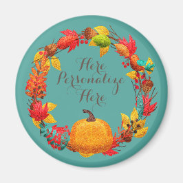 Herfst pompoen herfstblad vogelkrans blauwgroen si magneet