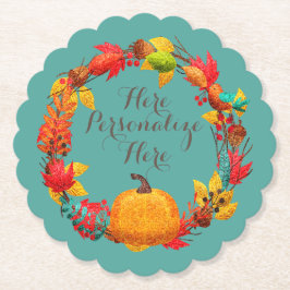 Herfst pompoen herfstbladkrans blauwgroen sinaasap kartonnen onderzetters